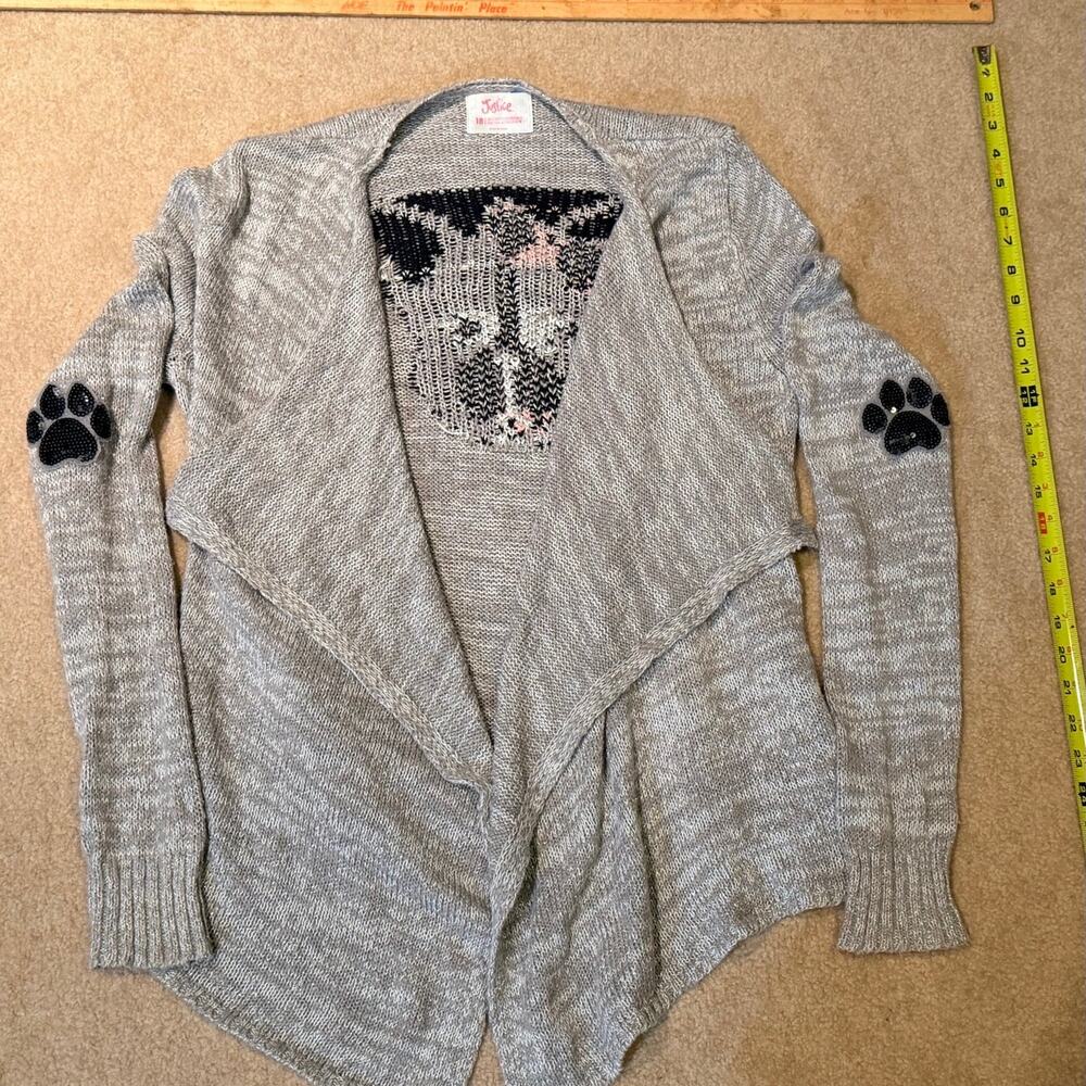Justice Girls Size 18 Grey Metallic Knit Cardigan Frenchie Dog Sequins Paw